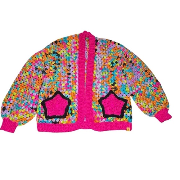 Handcrafted Crochet Hexagon Cardigan Sweater Open Front Wide Sleeve 2 Pockets - Picture 5 of 16